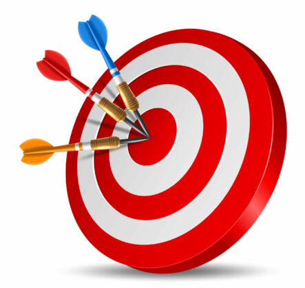 Red dart arrow hitting in the target center of dartboard Red dart arrow hitting in the target center of dartboard